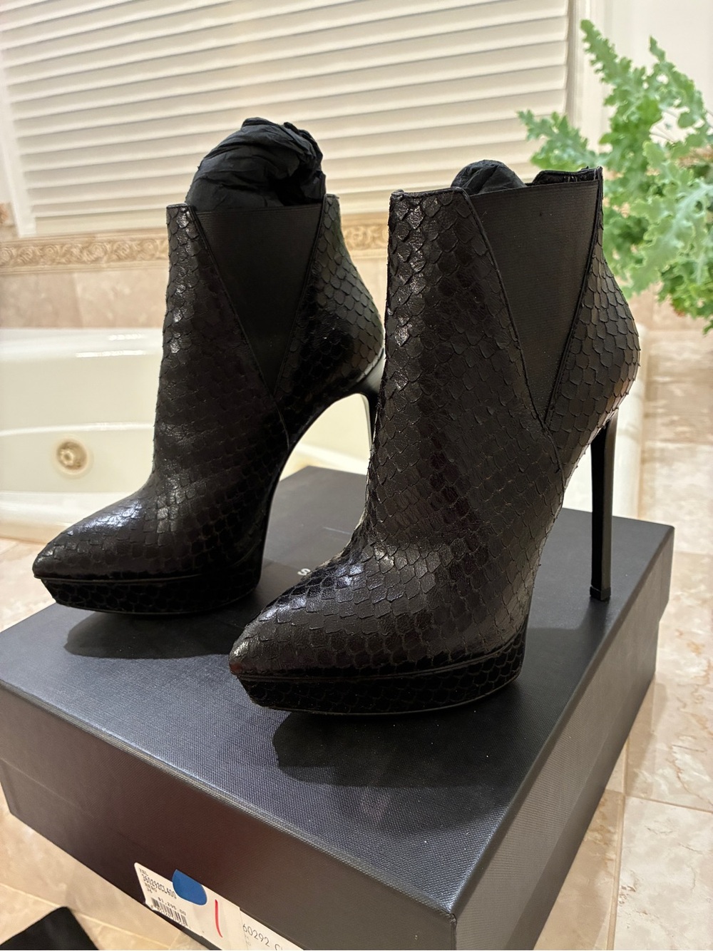 YSL Black Snake-Embossed Stiletto Ankle Boots - real snakeskin